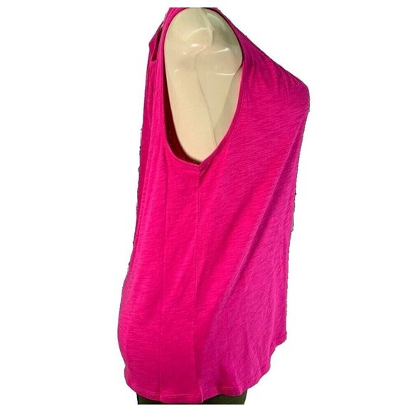 Cupio Blush L Pink Zinnia L Shirred Scoop Neck Curved Hem Cotton Blend Tank Top - Picture 3 of 6